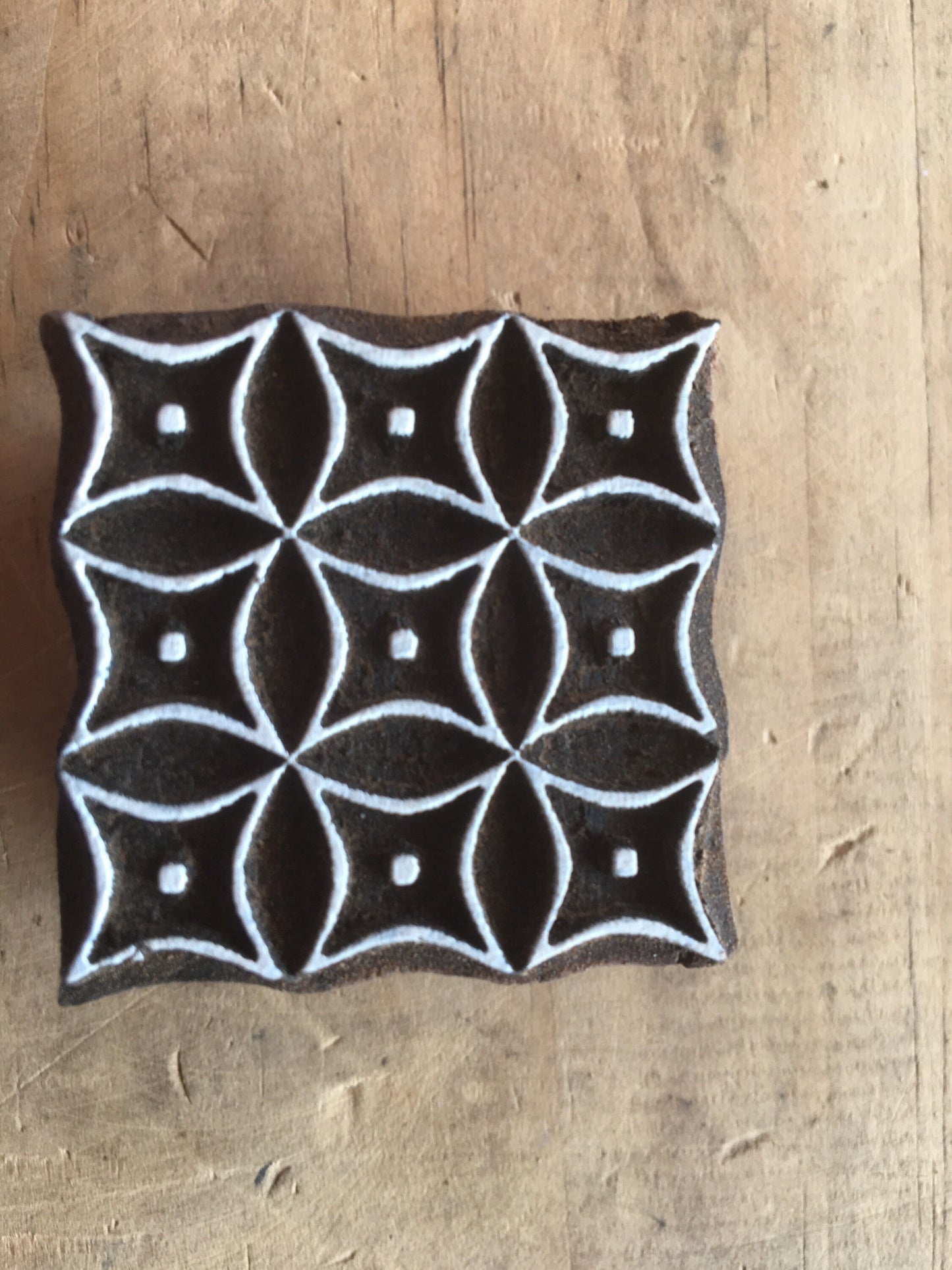 Repeat pattern square stamp, hand carved Indian wood printing block; textile stamp; pottery stamp,