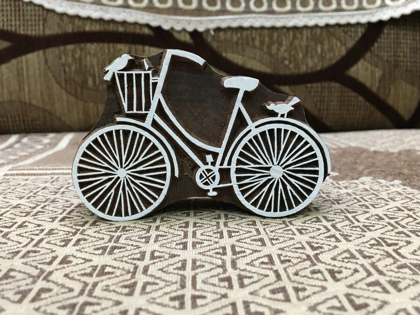 Timeless Wheels: Indian Wooden Printing Block - Intricate Bicycle Design, pottery stamp tjap batik printing floral carved stamps.
