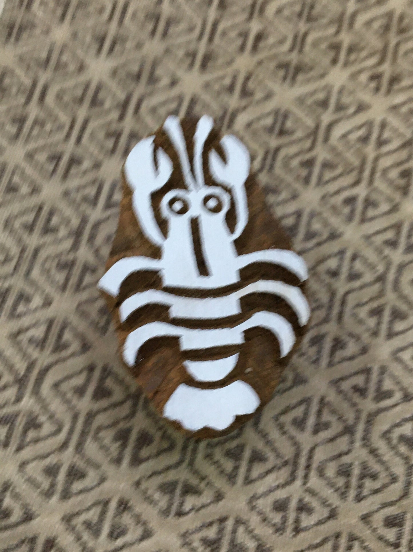 Exquisite Indian Wooden Printing Block - Small Lobster, hand carved Indian wood printing block; textile stamp; pottery stamp,