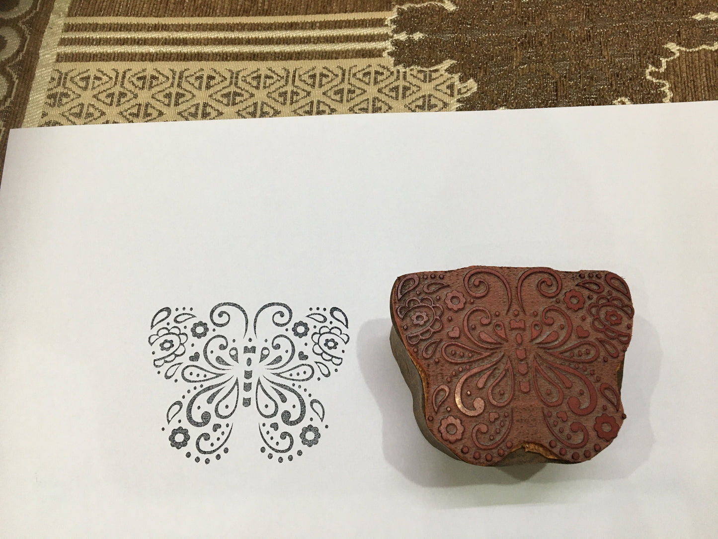 Detailed Butterfly wood mounted rubber stamp block, hand carved Indian wood printing block; textile stamp; pottery stamp,