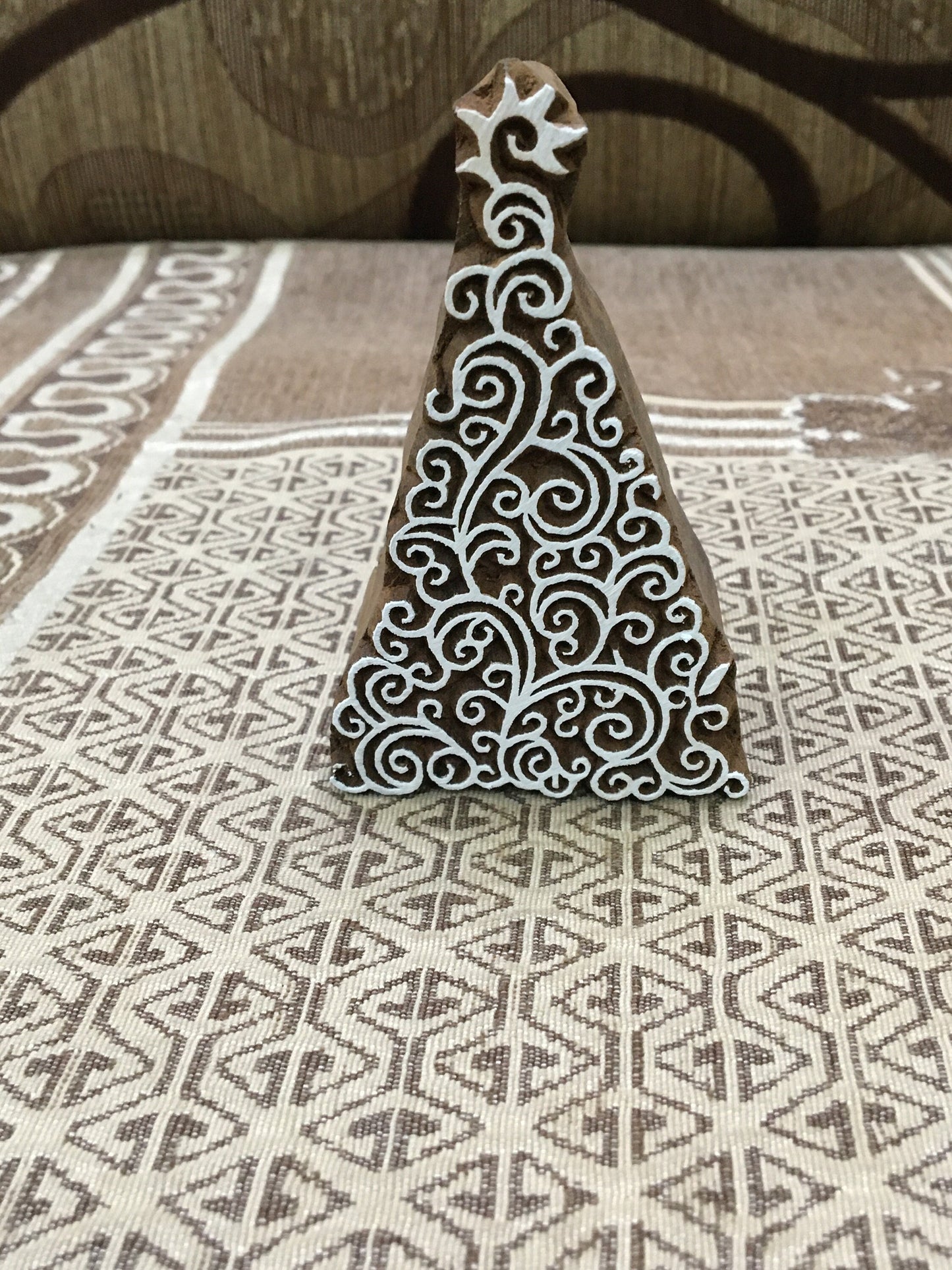 Christmas tree, hand carved Indian wood printing block; textile stamp; pottery stamp,