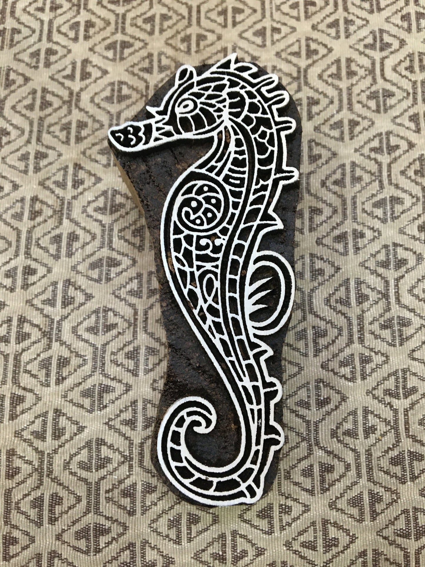 Zentangle Seahorse, hand carved Indian wood printing block; textile stamp; pottery stamp,