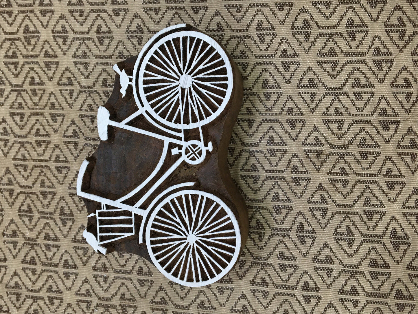 Timeless Wheels: Indian Wooden Printing Block - Intricate Bicycle Design, pottery stamp tjap batik printing floral carved stamps.
