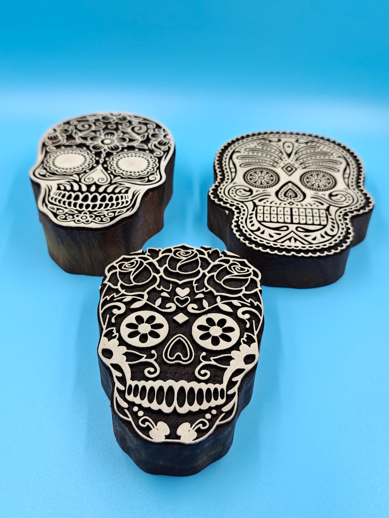 Trio Of Sugar Skull :Indian Wooden Printing Block, Hand carved Indian wood printing block; Textile stamp; pottery stamp,
