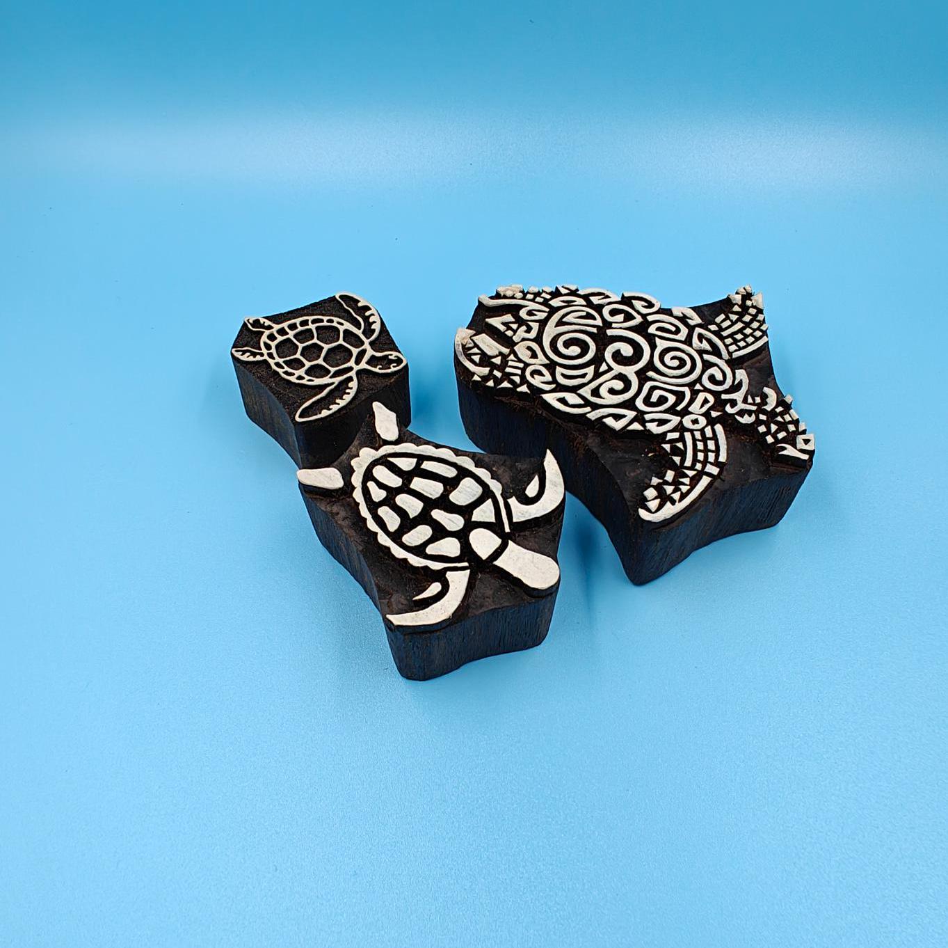 Turtle Trio: Indian Wooden Printing Block - hand carved Indian wood printing block; textile stamp; pottery stamp,