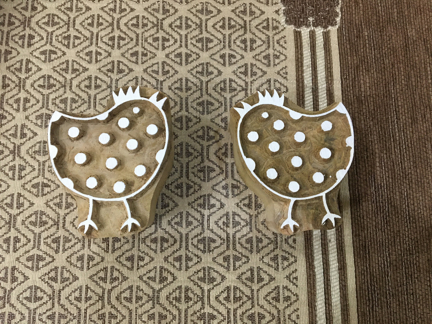 Double Delight: A Pair of Hen Wooden Printing Blocks Stamps, hand carved Indian wood printing block; textile stamp; pottery stamp,
