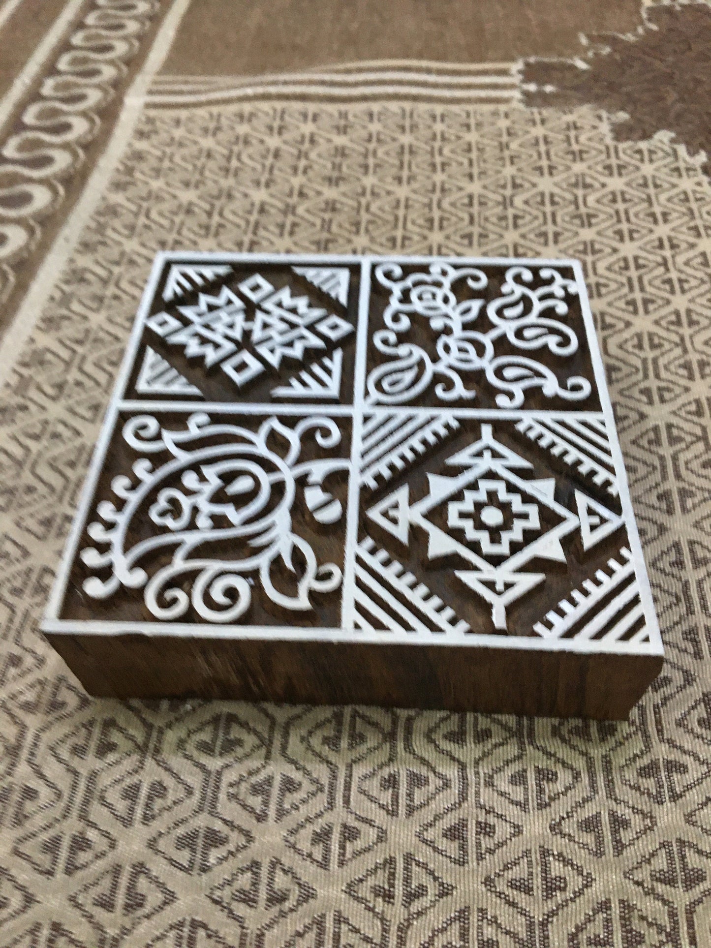 Square of squares Repeat Pattern, hand carved Indian wood printing block; textile stamp; pottery stamp,