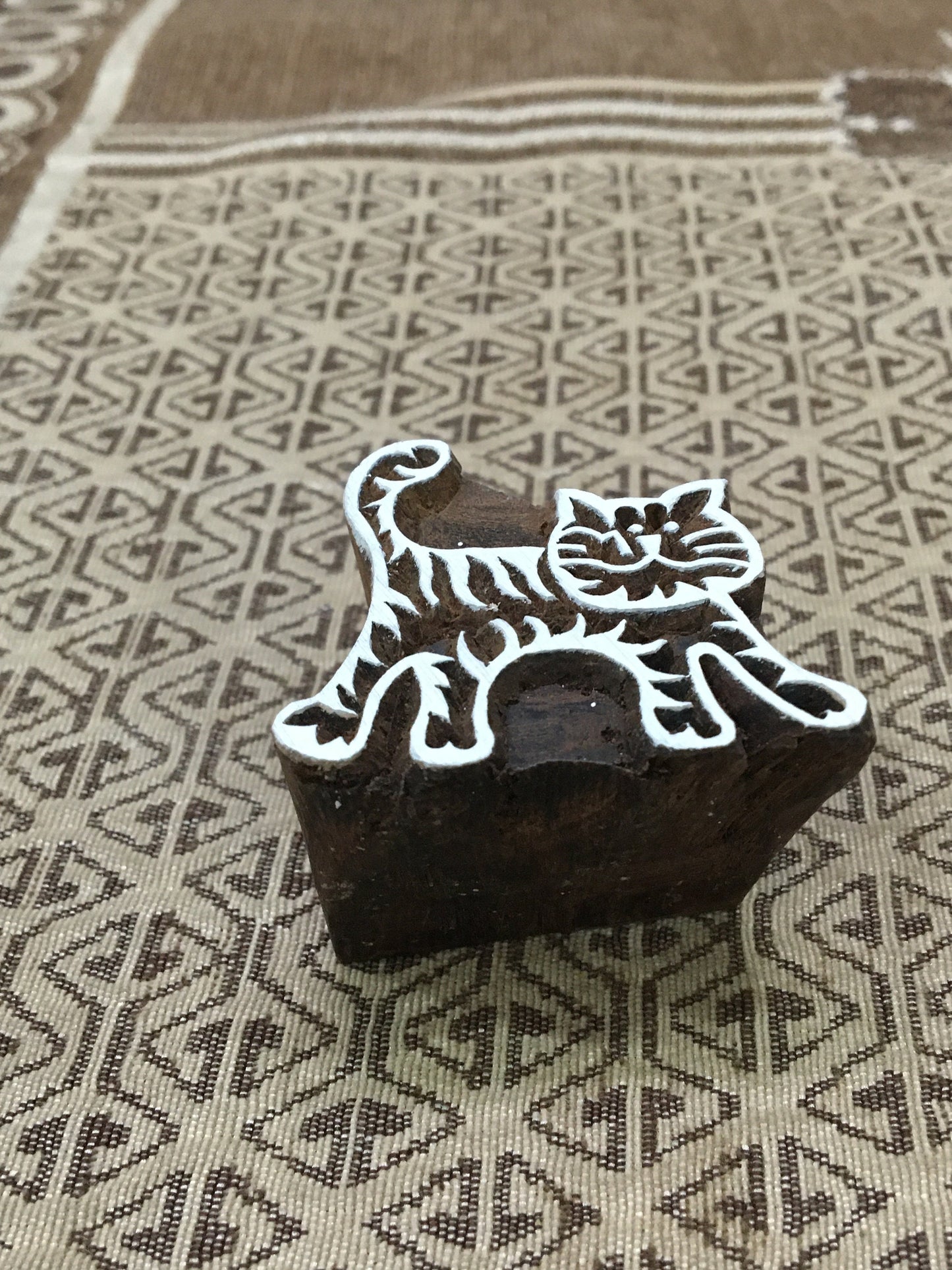 Small Cat, hand carved Indian wood printing block; textile stamp; pottery stamp,