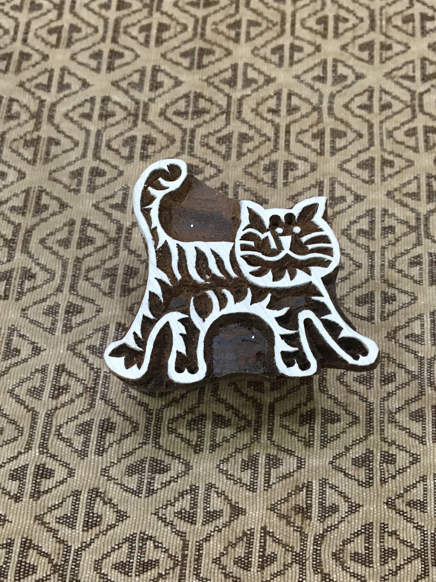 Small Cat, hand carved Indian wood printing block; textile stamp; pottery stamp,