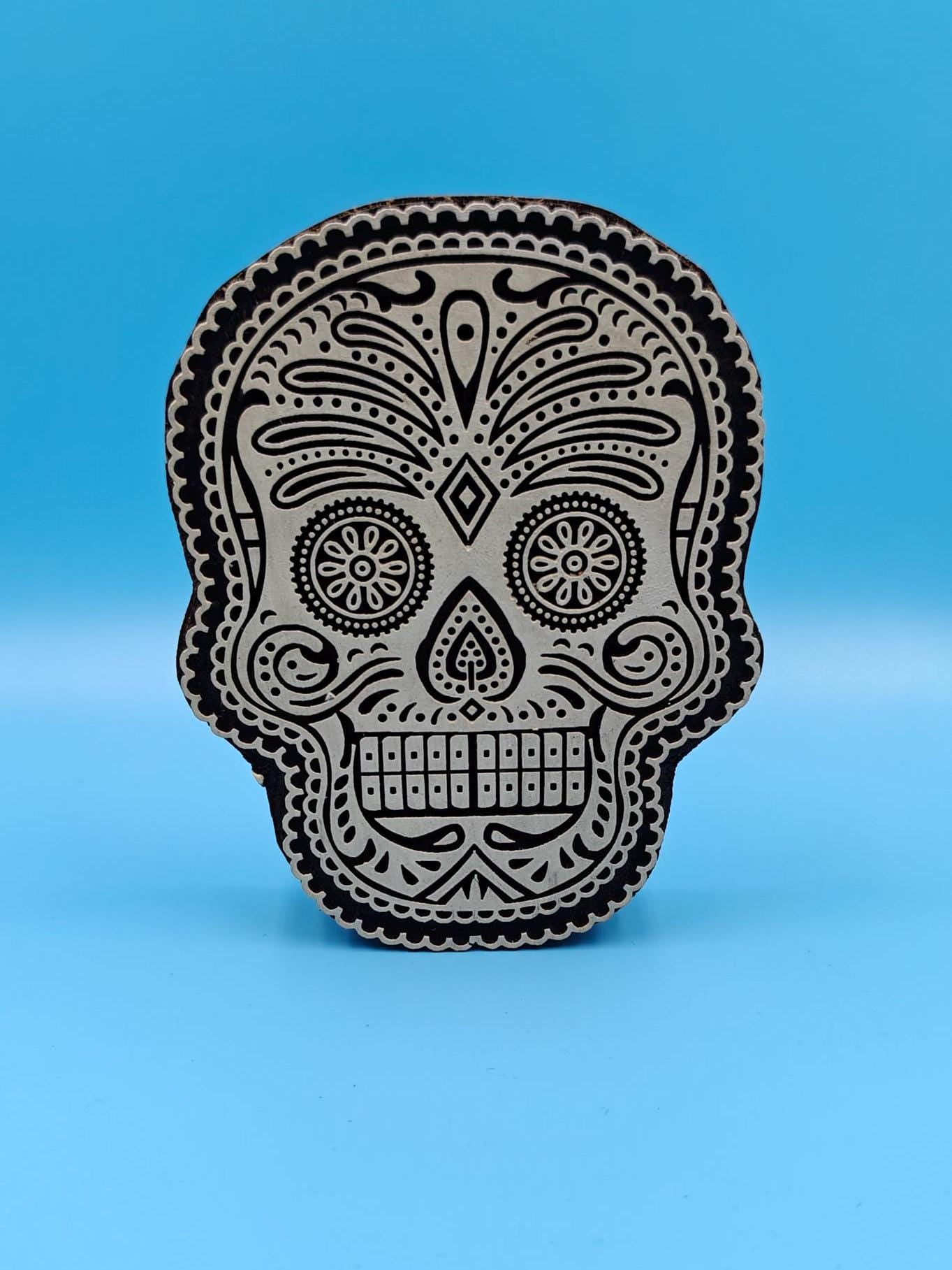 Trio Of Sugar Skull :Indian Wooden Printing Block, Hand carved Indian wood printing block; Textile stamp; pottery stamp,