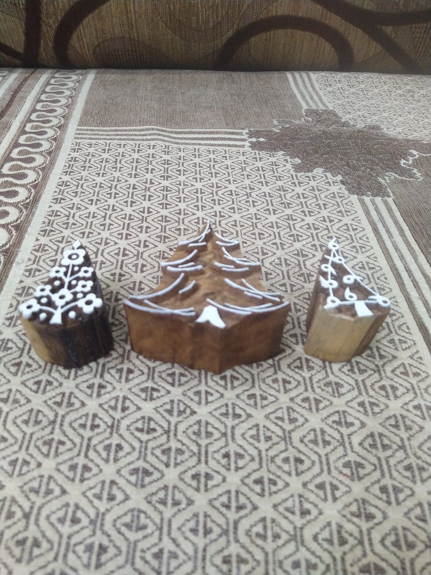 Trio Christmas Tree pottery stamp ceramic mold scrap-booking tjap batik printing floral carved stamps.