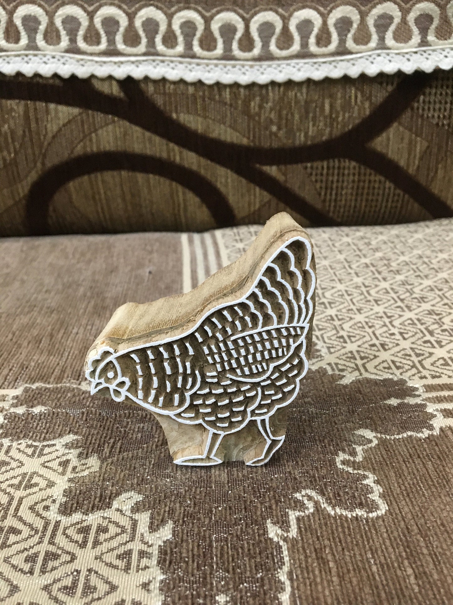 Feathered Flock: A Group of Hen, hand carved Indian wood printing block; textile stamp; pottery stamp,