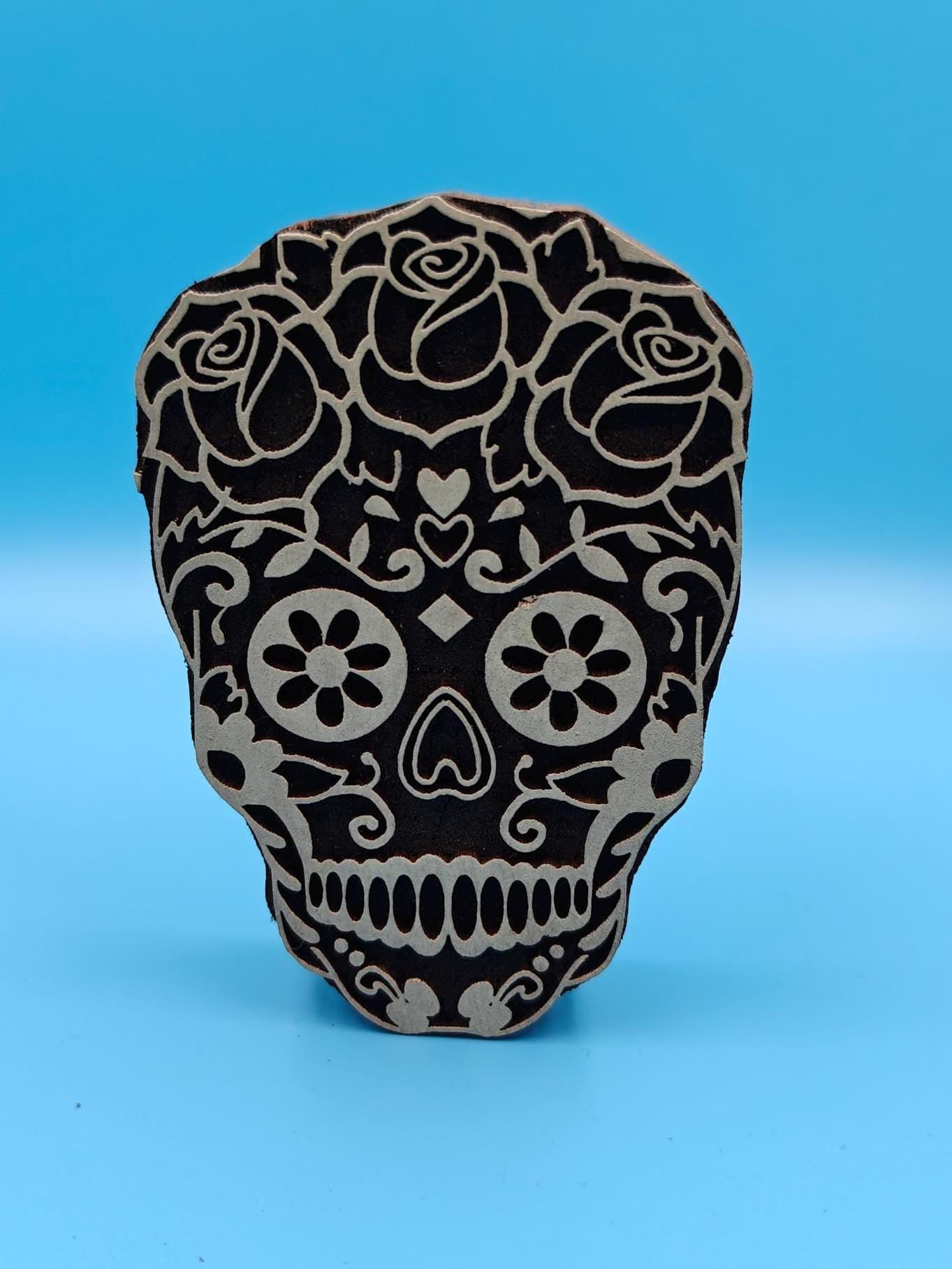 Trio Of Sugar Skull :Indian Wooden Printing Block, Hand carved Indian wood printing block; Textile stamp; pottery stamp,