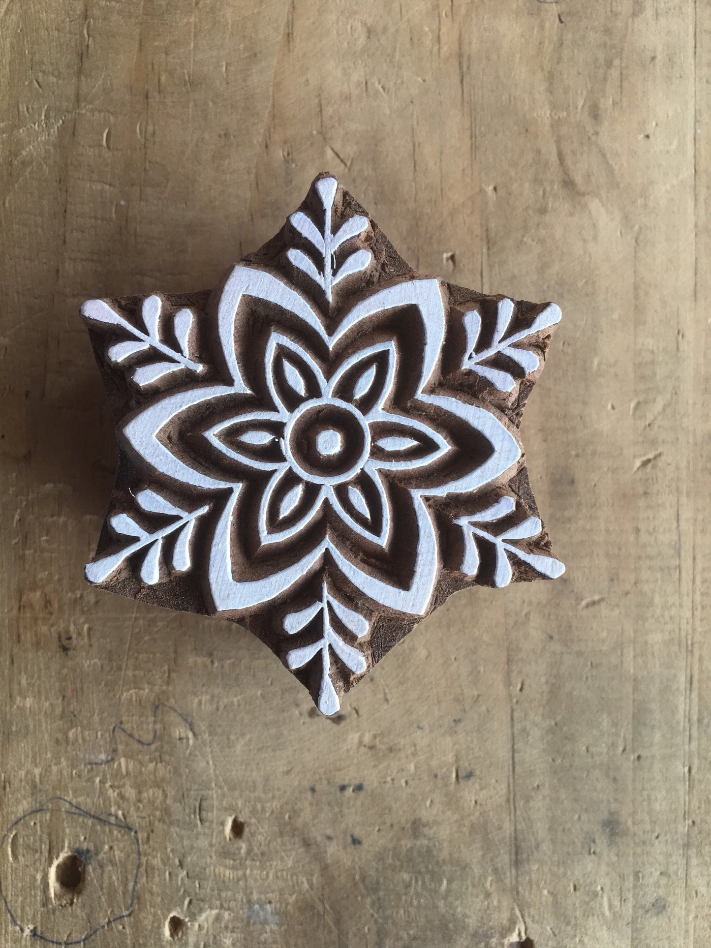 Snow flake Flower, hand carved Indian wood printing block; textile stamp; pottery stamp,