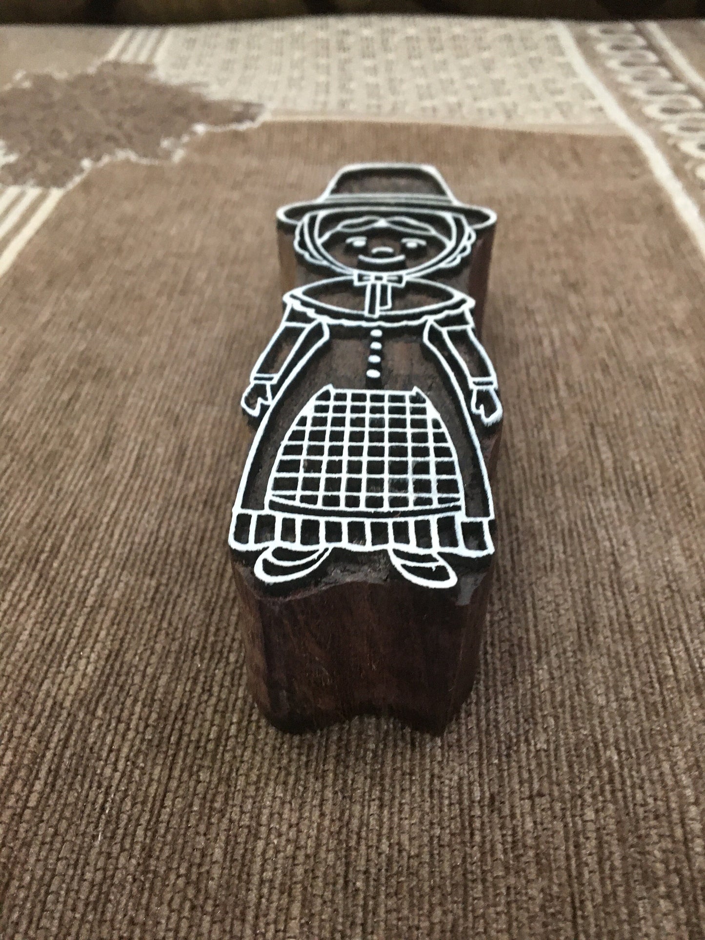 Comic Welsh Lady, hand carved Indian wood printing block; textile stamp; pottery stamp,