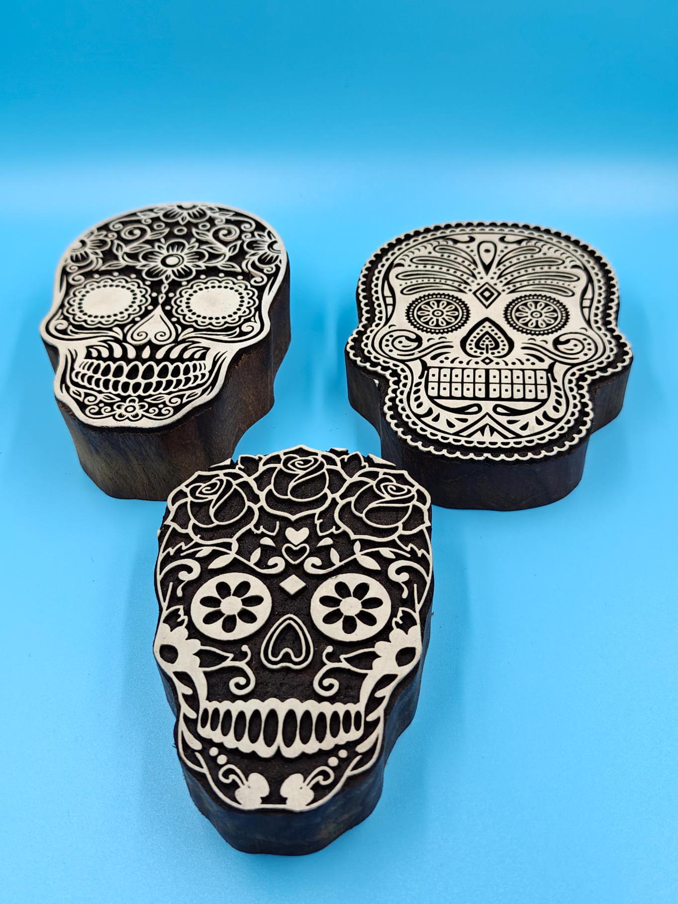 Trio Of Sugar Skull :Indian Wooden Printing Block, Hand carved Indian wood printing block; Textile stamp; pottery stamp,