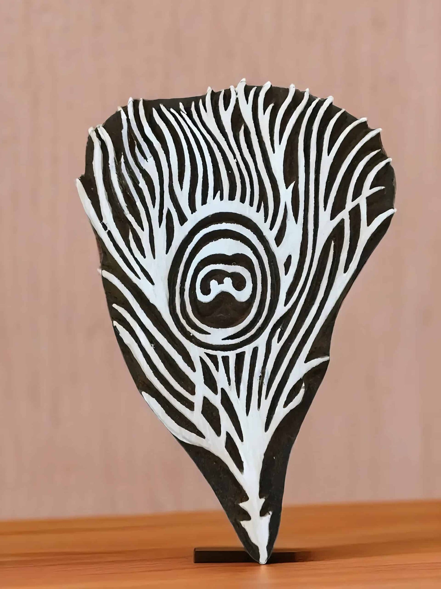 Peacock Feather, hand carved Indian wood printing block; textile stamp. image 1