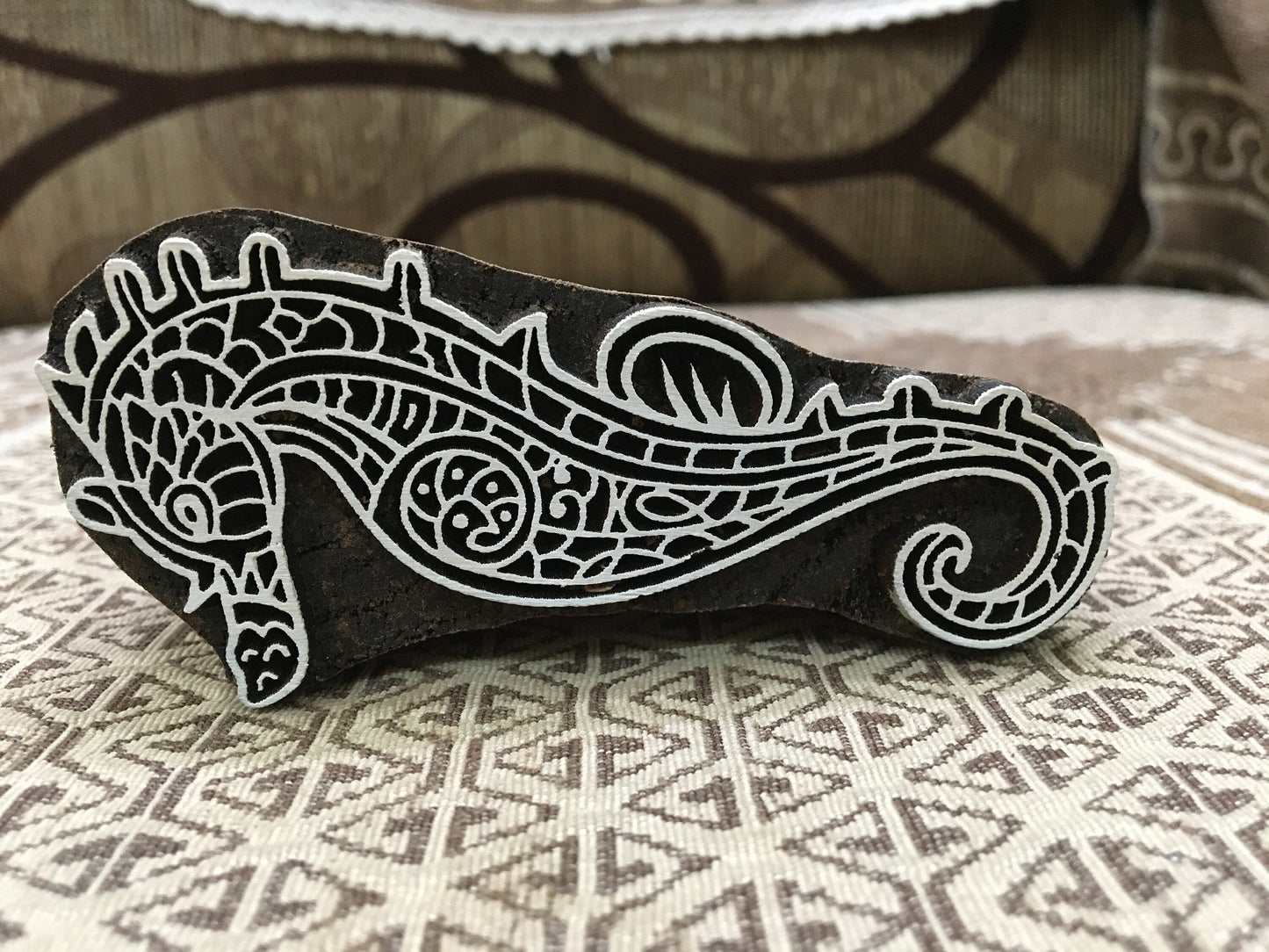 Zentangle Seahorse, hand carved Indian wood printing block; textile stamp; pottery stamp,