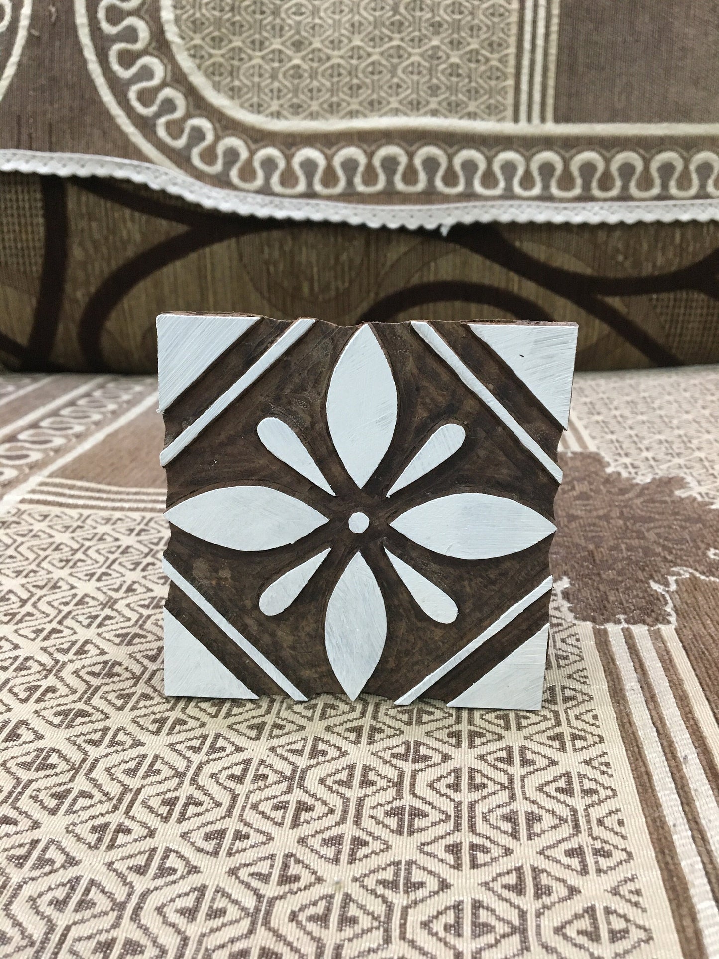 Cross-Cultural Fusion: Indian Wooden Printing Block Meets Mexican Tile, hand carved Indian block; textile stamp; pottery stamp,
