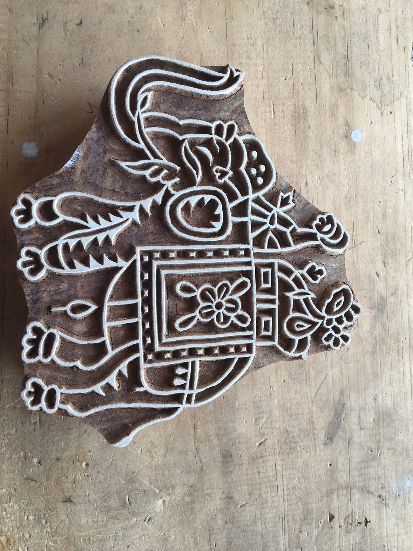 Elephant with howdah, hand carved Indian wood printing block; textile stamp; pottery stamp,