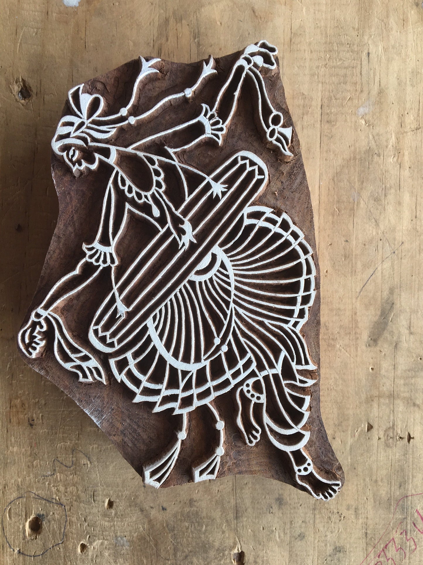 Dancing Man playing Totom folk art stamp, hand carved Indian wood printing block; textile stamp; pottery stamp,