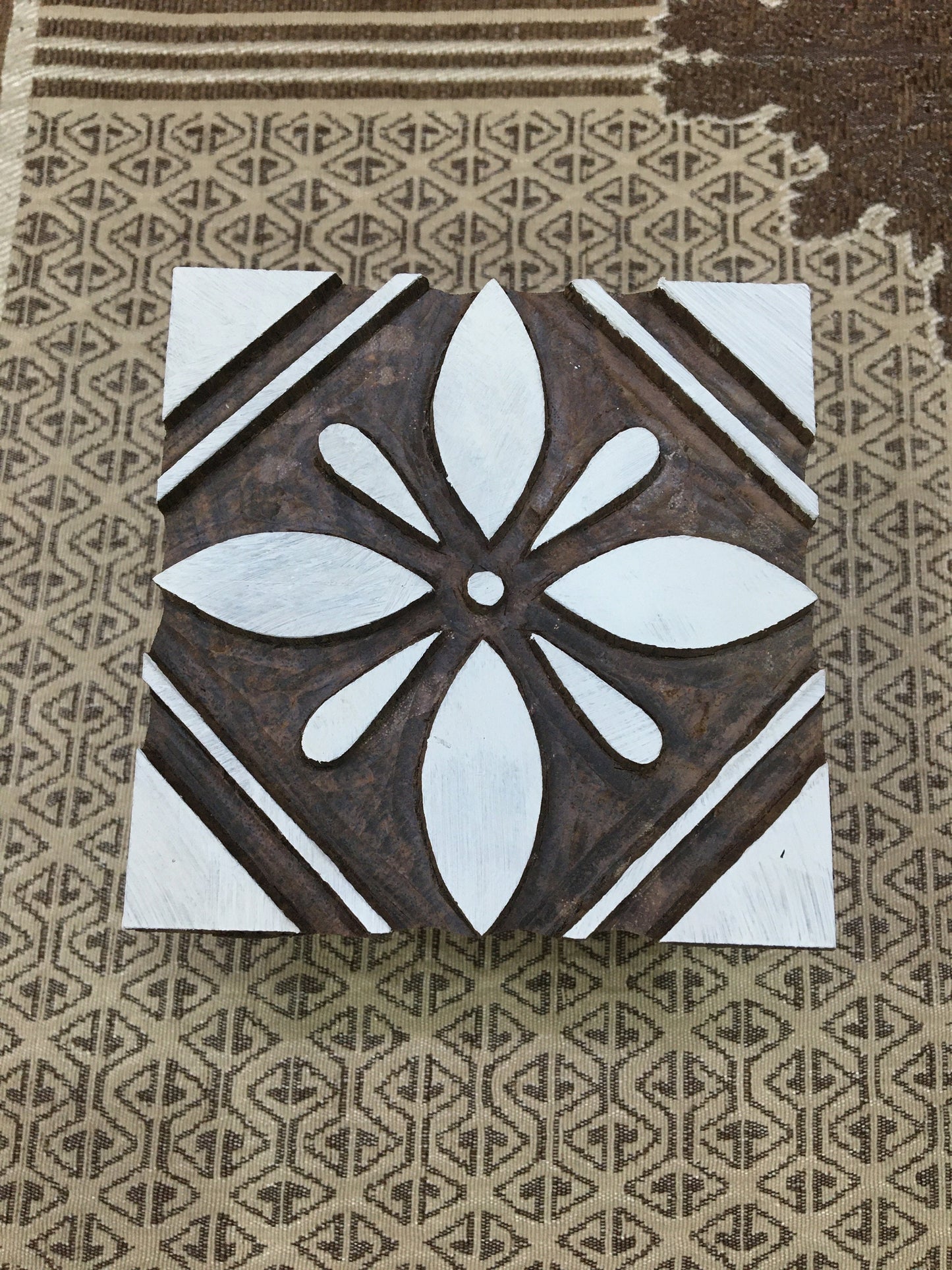 Cross-Cultural Fusion: Indian Wooden Printing Block Meets Mexican Tile, hand carved Indian block; textile stamp; pottery stamp,