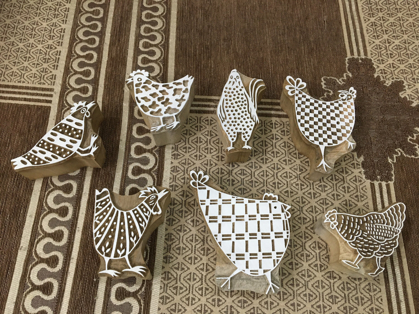 Feathered Flock: A Group of Hen, hand carved Indian wood printing block; textile stamp; pottery stamp,