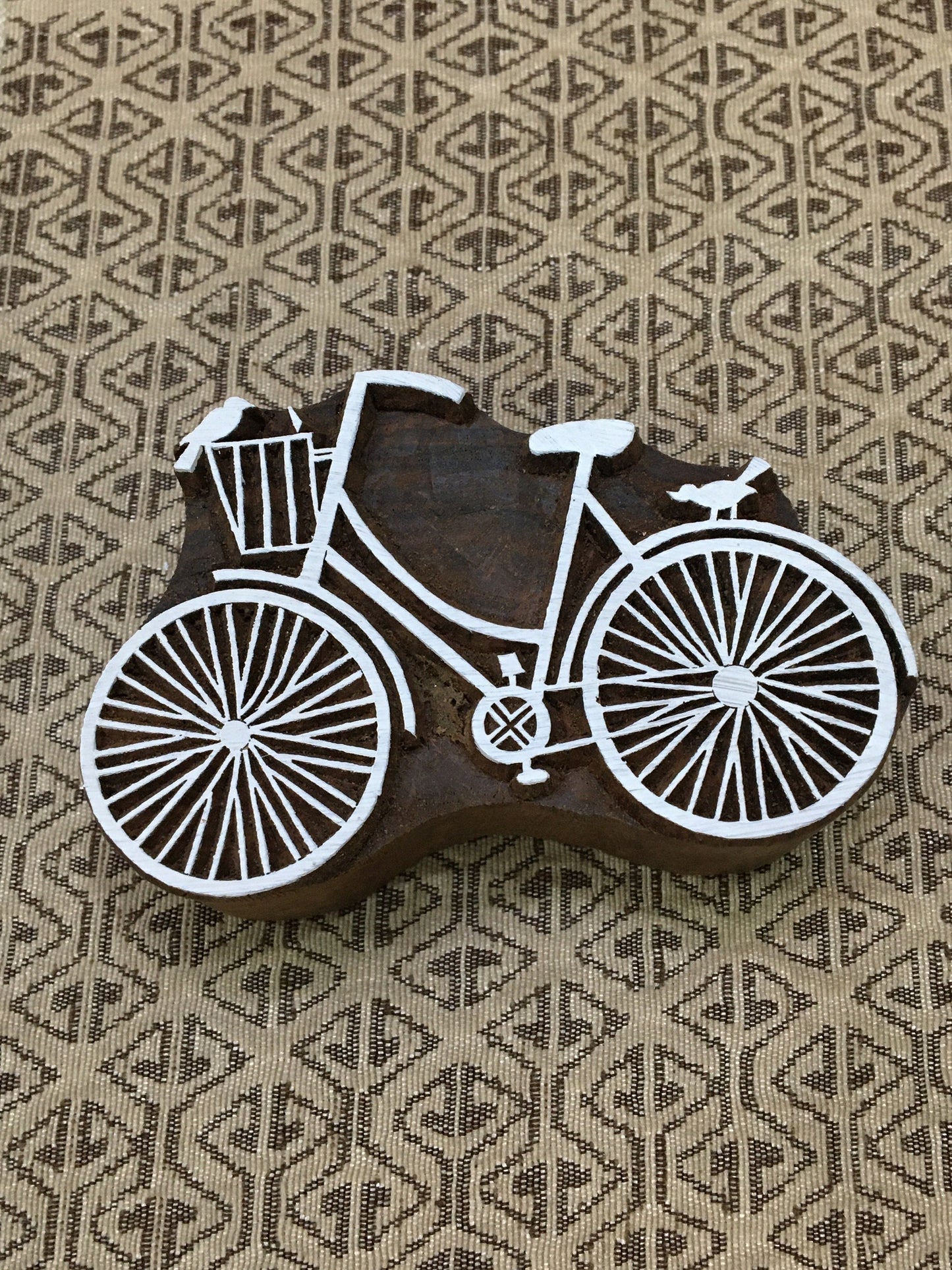 Timeless Wheels: Indian Wooden Printing Block - Intricate Bicycle Design, pottery stamp tjap batik printing floral carved stamps.