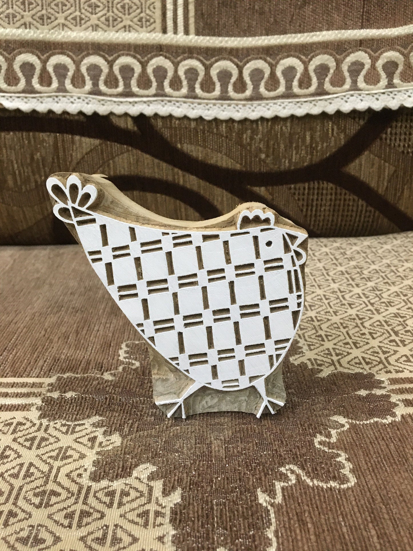 Feathered Flock: A Group of Hen, hand carved Indian wood printing block; textile stamp; pottery stamp,