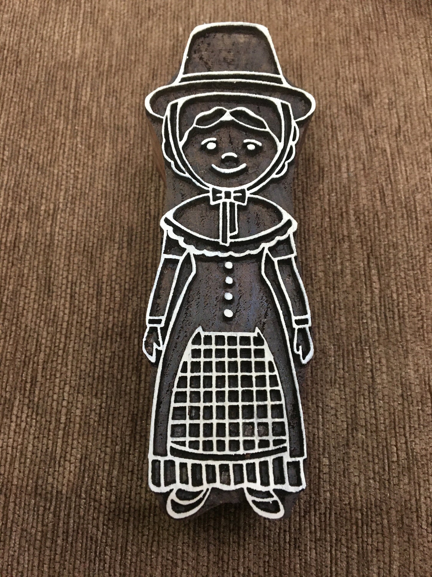 Comic Welsh Lady, hand carved Indian wood printing block; textile stamp; pottery stamp,