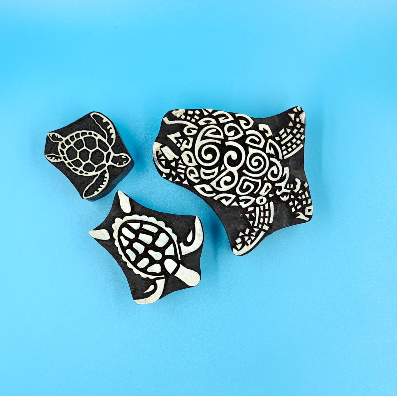 Turtle Trio: Indian Wooden Printing Block - hand carved Indian wood printing block; textile stamp; pottery stamp,