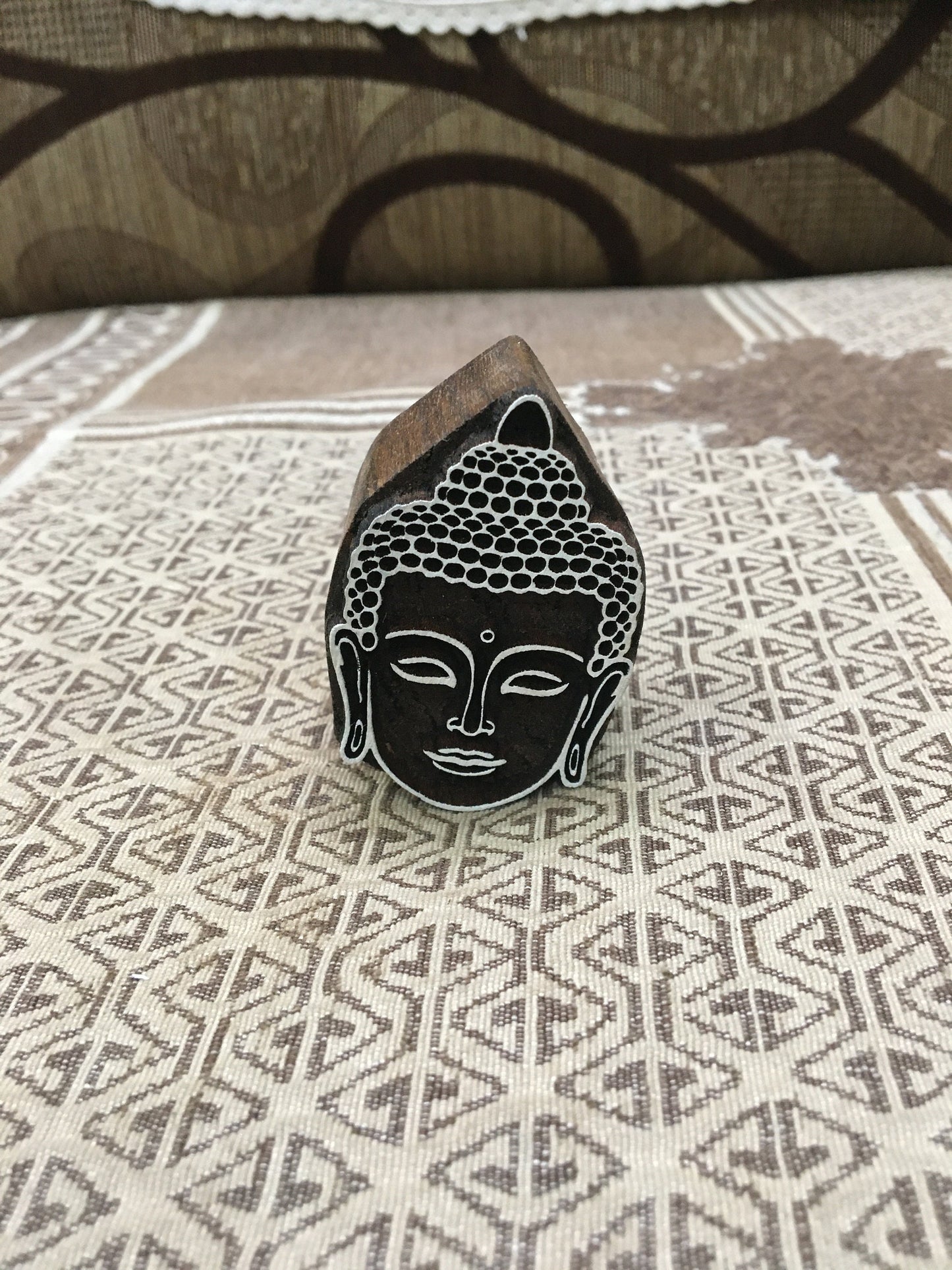 Buddh Head carved wooden printing tjap batik patterns printing stamps, hand carved Indian wood printing block; textile stamp; pottery stamp