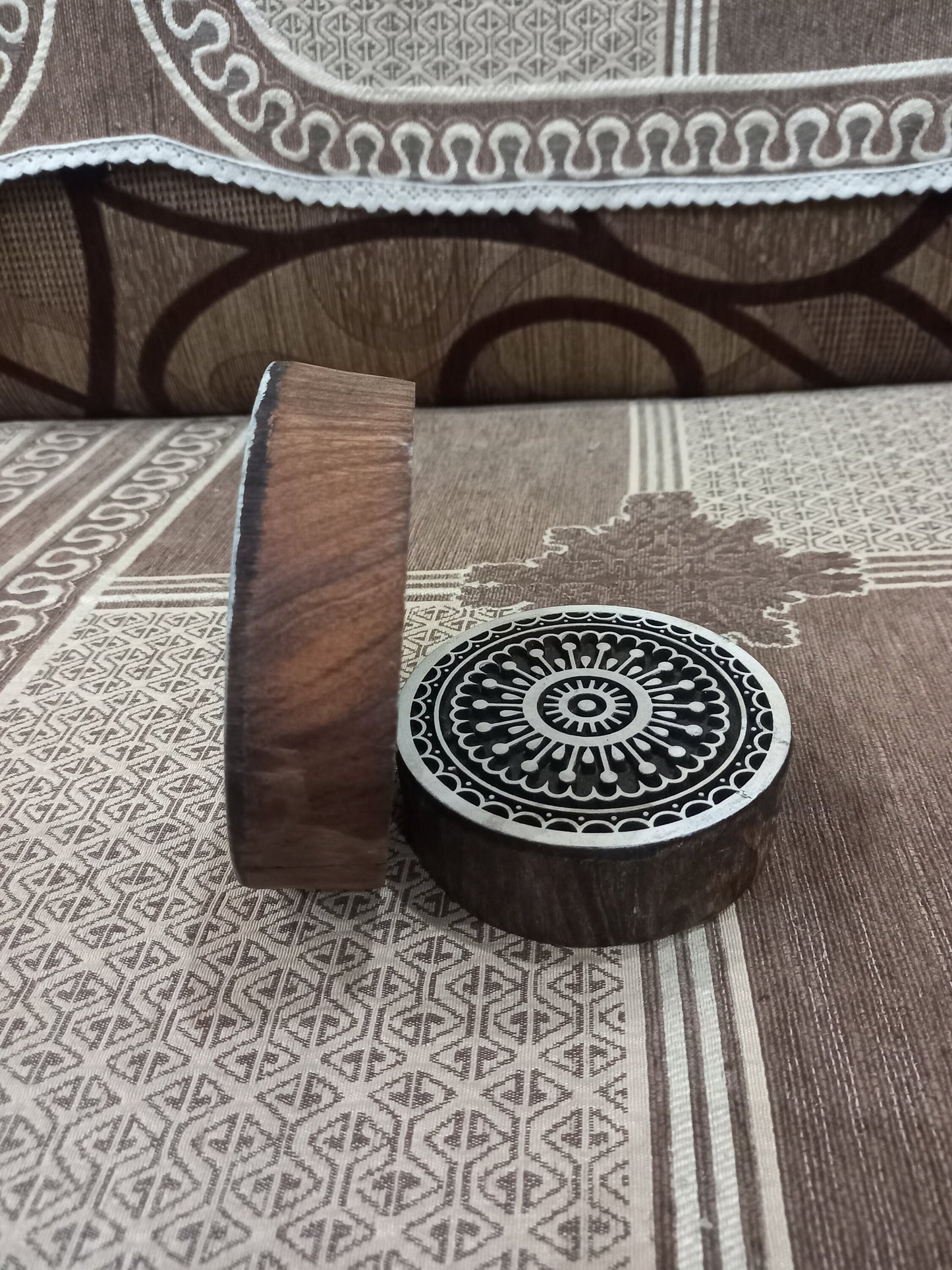 A Mandala Block ,Round Hand Carved Indian Wooden Stamp , Wood Block for Textile Fabric Stamping Henna Pottery DIY