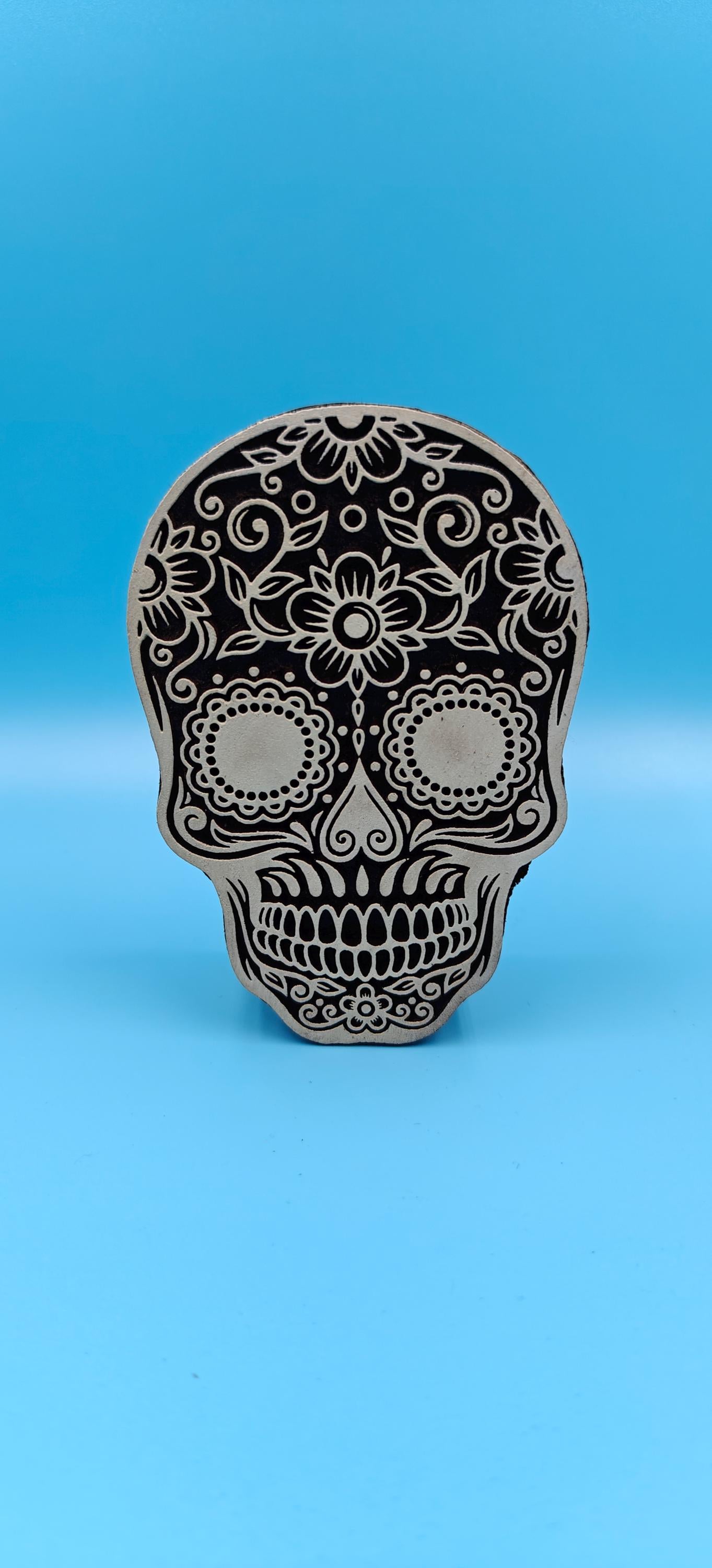Trio Of Sugar Skull :Indian Wooden Printing Block, Hand carved Indian wood printing block; Textile stamp; pottery stamp,