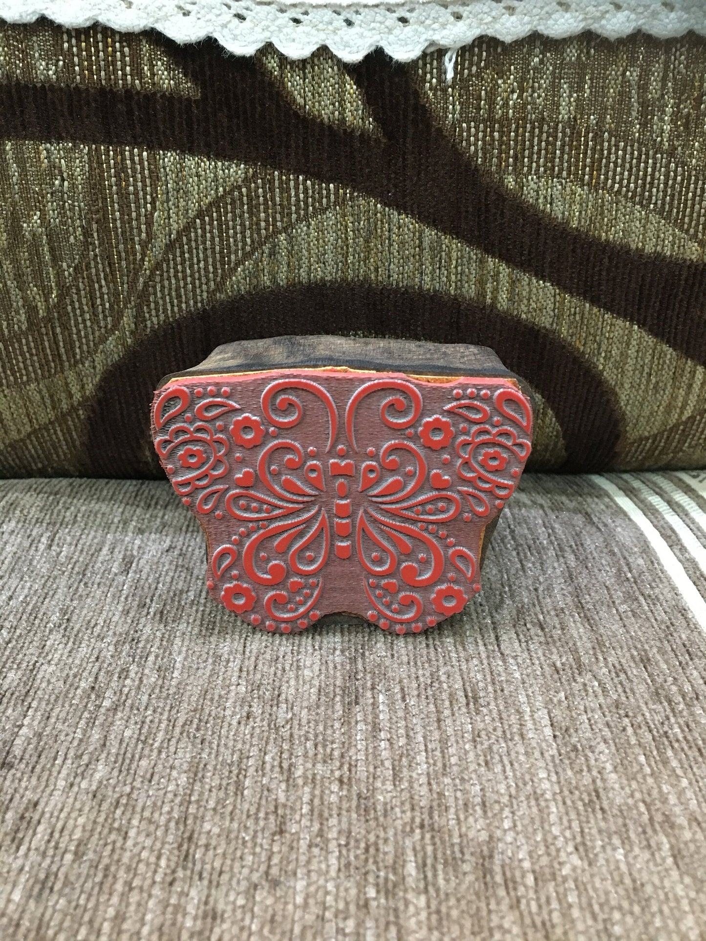 Detailed Butterfly wood mounted rubber stamp block, hand carved Indian wood printing block; textile stamp; pottery stamp,