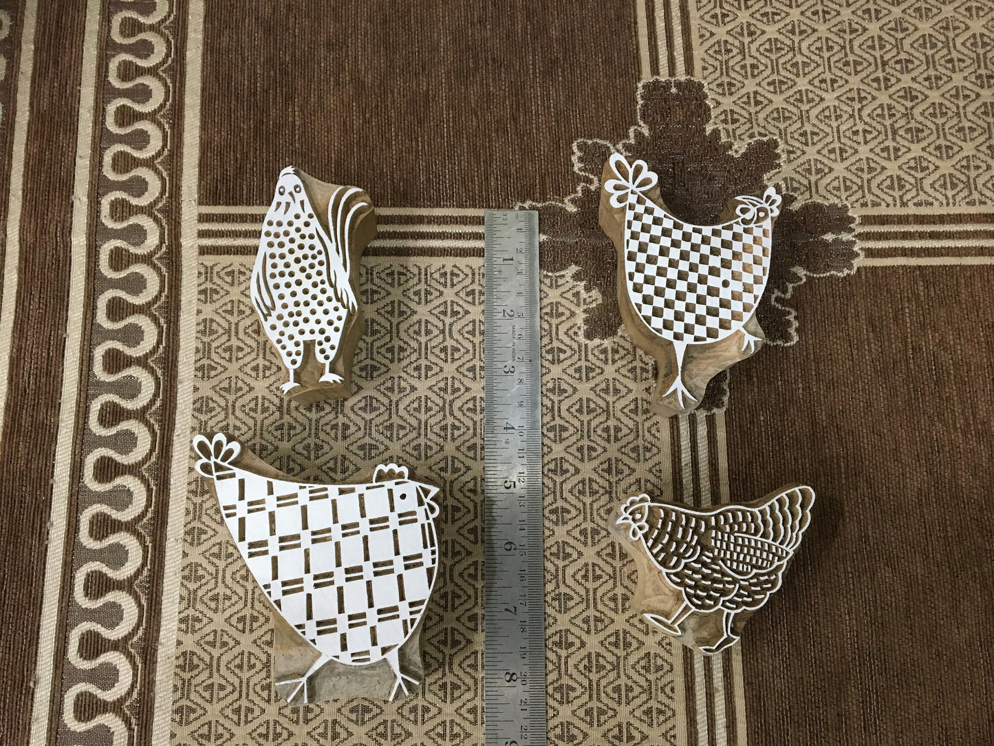 Feathered Flock: A Group of Hen, hand carved Indian wood printing block; textile stamp; pottery stamp,