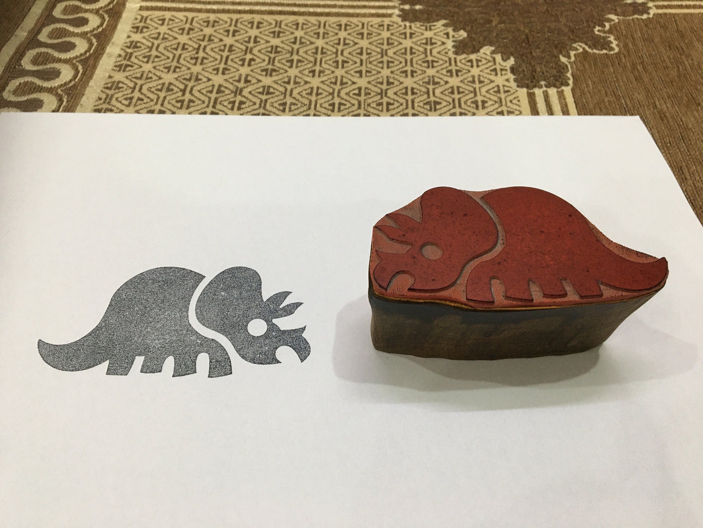 Indian wooden printing block - Triceratops stamp, dinosaur stamp, hand carved, animal stamp, clay stamp, pottery stamp, postcard stamp