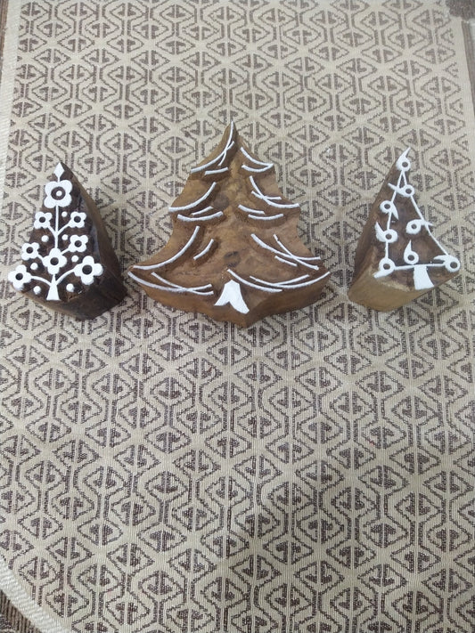 Trio Christmas Tree pottery stamp ceramic mold scrap-booking tjap batik printing floral carved stamps.