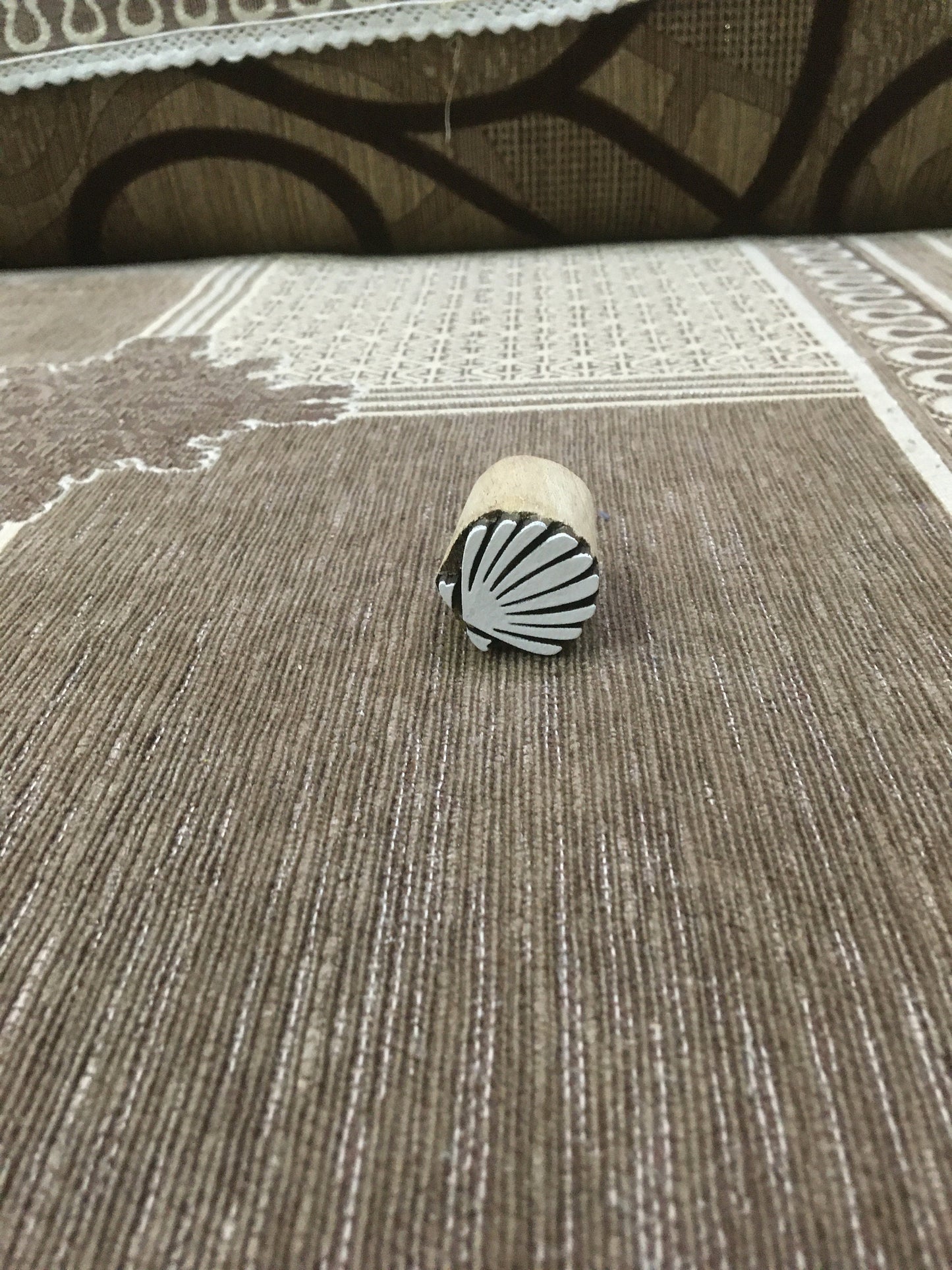 Sea shell, hand carved Indian wood printing block; textile stamp; pottery stamp,