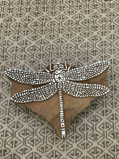Ethereal Wings: Indian Wooden Printing Block - Detailed Dragonfly, hand carved Indian wood printing block; textile stamp; pottery stamp,