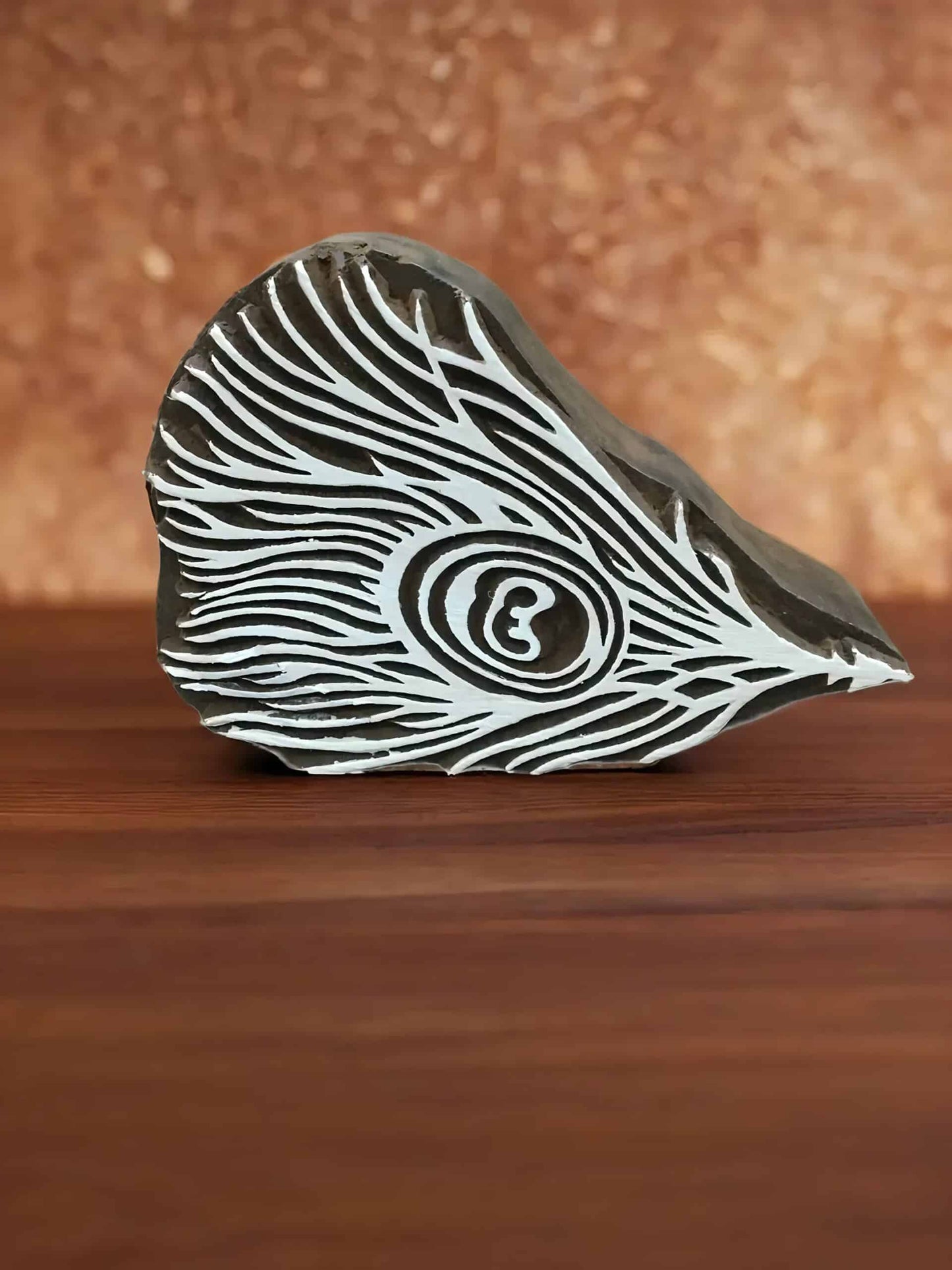 Peacock Feather, hand carved Indian wood printing block; textile stamp. image 2