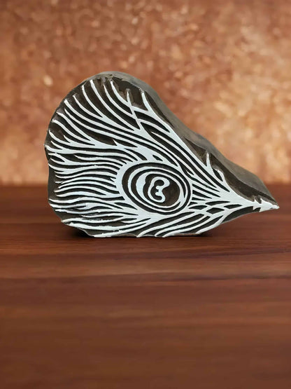 Peacock Feather, hand carved Indian wood printing block; textile stamp. image 2