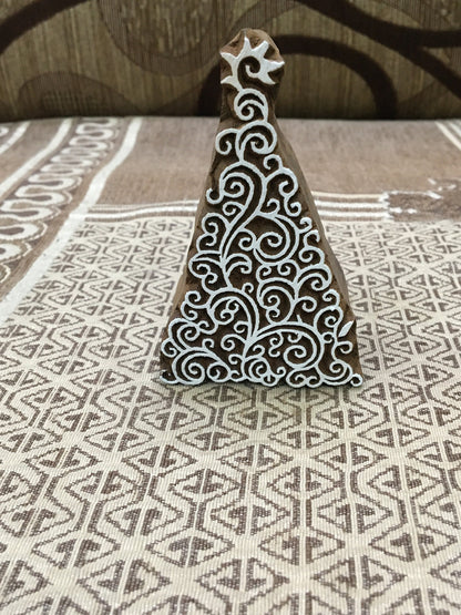 Christmas tree, hand carved Indian wood printing block; textile stamp; pottery stamp,