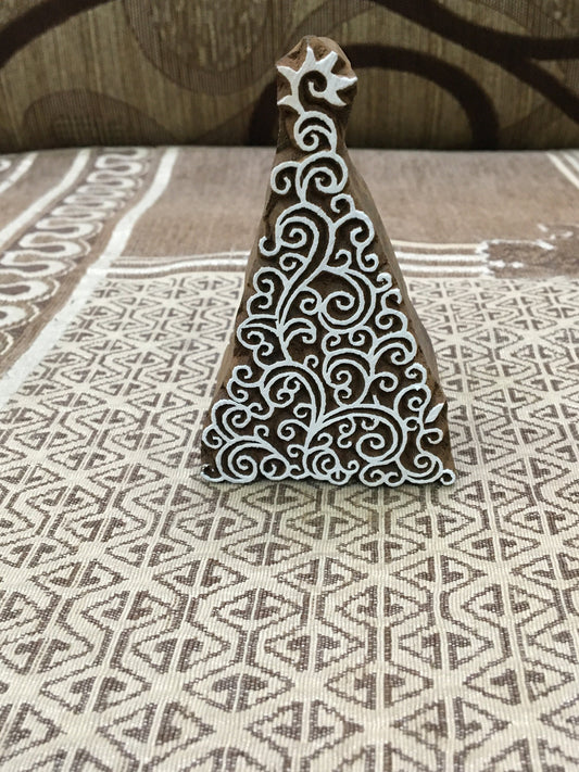 Christmas tree, hand carved Indian wood printing block; textile stamp; pottery stamp,