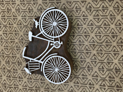 Timeless Wheels: Indian Wooden Printing Block - Intricate Bicycle Design, pottery stamp  tjap batik printing floral carved stamps.