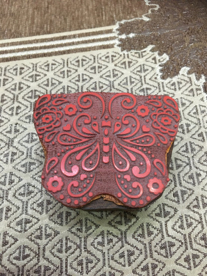 Detailed Butterfly wood mounted rubber stamp block, hand carved Indian wood printing block; textile stamp; pottery stamp,