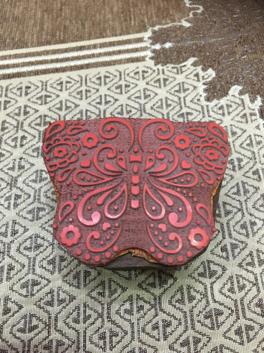 Detailed Butterfly wood mounted rubber stamp block, hand carved Indian wood printing block; textile stamp; pottery stamp,