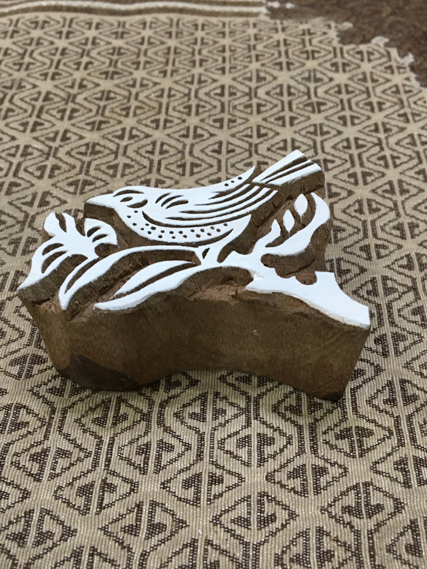 Bird on Branch, hand carved Indian wood printing block; textile stamp; pottery stamp,