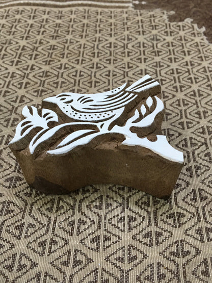 Bird on Branch, hand carved Indian wood printing block; textile stamp; pottery stamp,