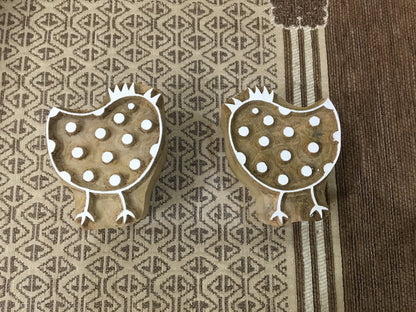 Double Delight: A Pair of Hen Wooden Printing Blocks Stamps, hand carved Indian wood printing block; textile stamp; pottery stamp,